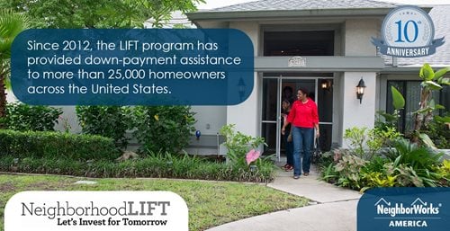 A LIFT image shows a woman leaving a building with text celebrating the mark of 25,000 homeowners.