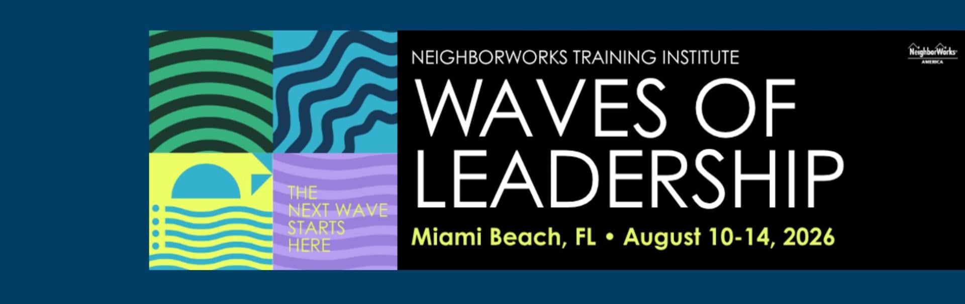 Waves of Leadership banner showing bright colors, waves and a sun.
