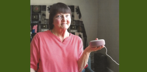 A woman uses Alexa to stay connected.